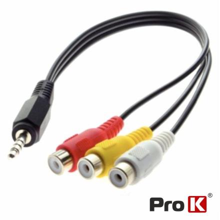 Cabo Jack 3.5mm Macho St / 3-Rca Fêmea 22cm Preto Prok