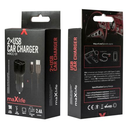 Adaptador Isqueiro 2 USB-A 5V 2.4A + Cabo USB-A / USB-C 1m