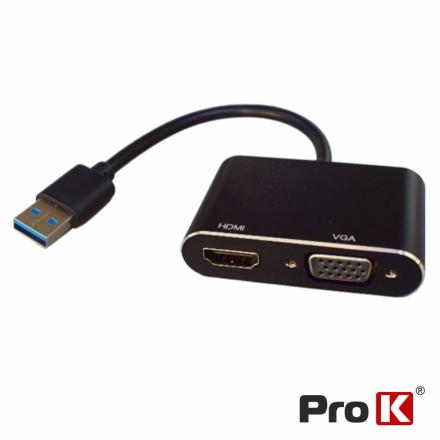 Cabo Adaptador USB-A 3.0 P/ HDMI E VGA PROK