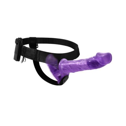 Arnês com dildo duplo e vibração roxo