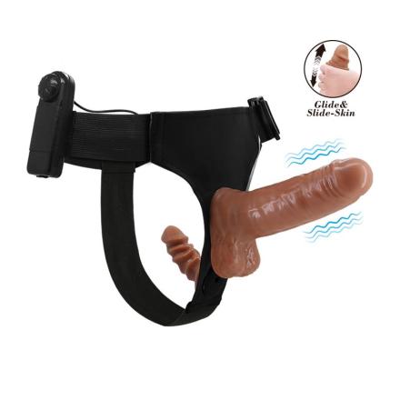 Arnês com dildo duplo retráctil com vibração