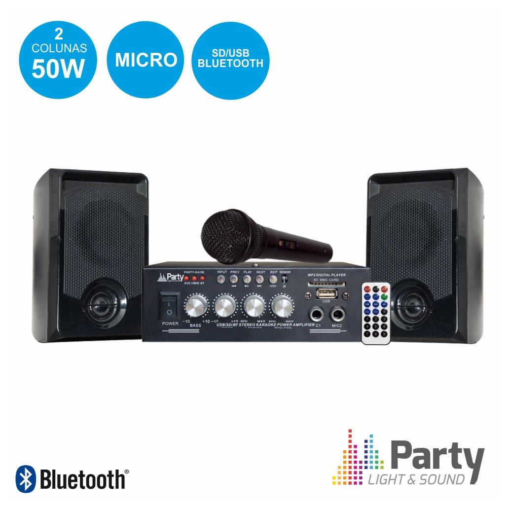 Conjunto Karaoke Amplificador 2x50w 2 Colunas Mic Bt Party
