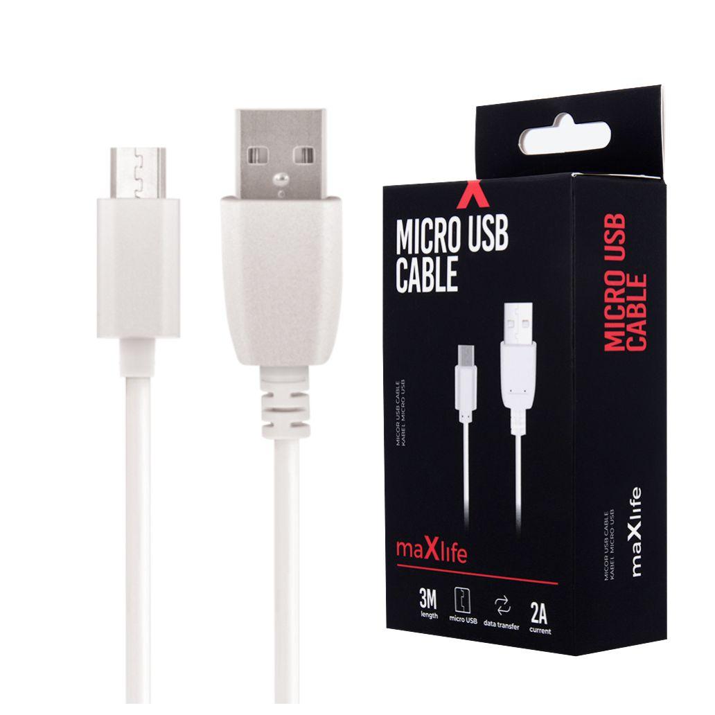 Cabo USB-A 2.0 2A Macho / Micro USB-B Branco 3m