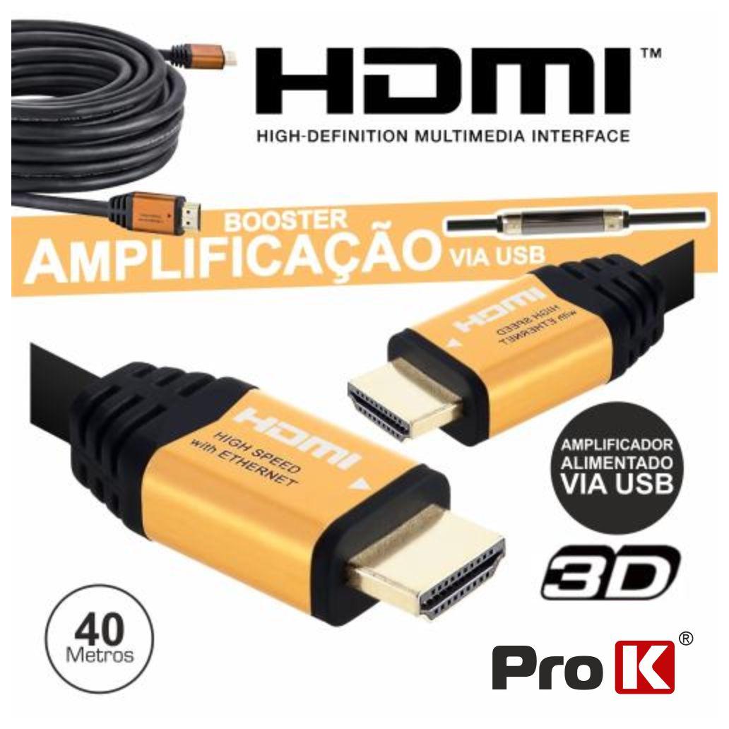 Cabo Hdmi 1.4 Macho / Macho 40m Preto Com Amplificador Prok