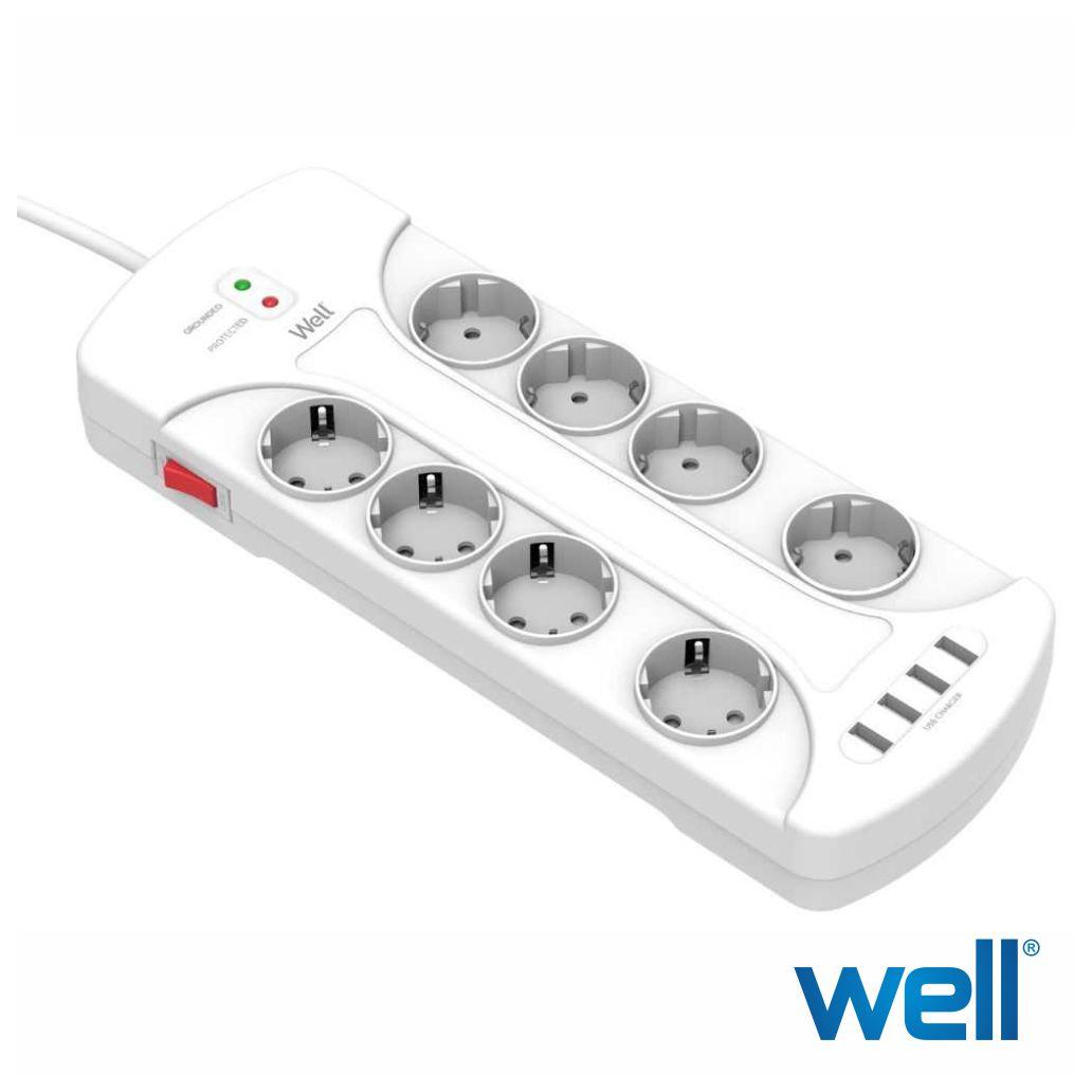 Extensão Eléctrica Well 8 Saídas 4 USB Interruptor 3m