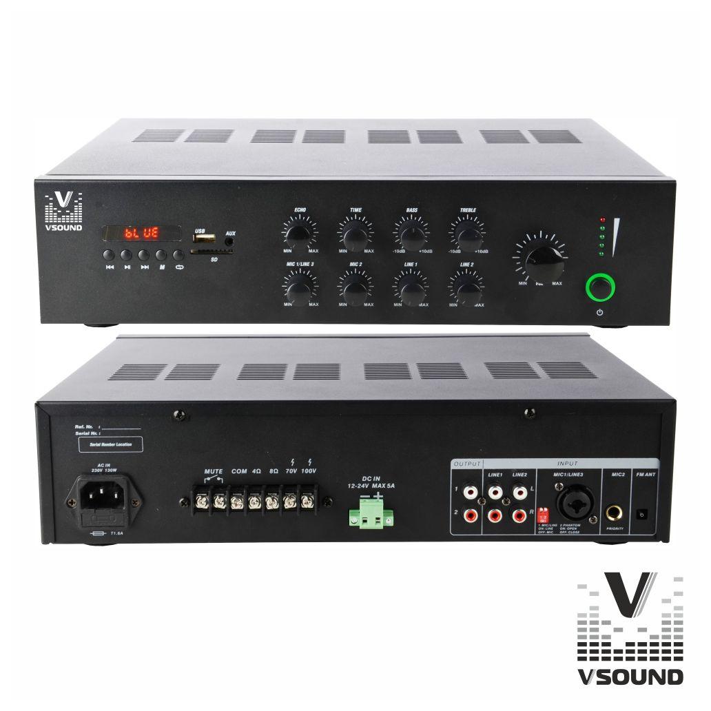 Amplificador PA 12/220V 3 Entr.120W BT/MP3/USB/SD/FM VSOUND