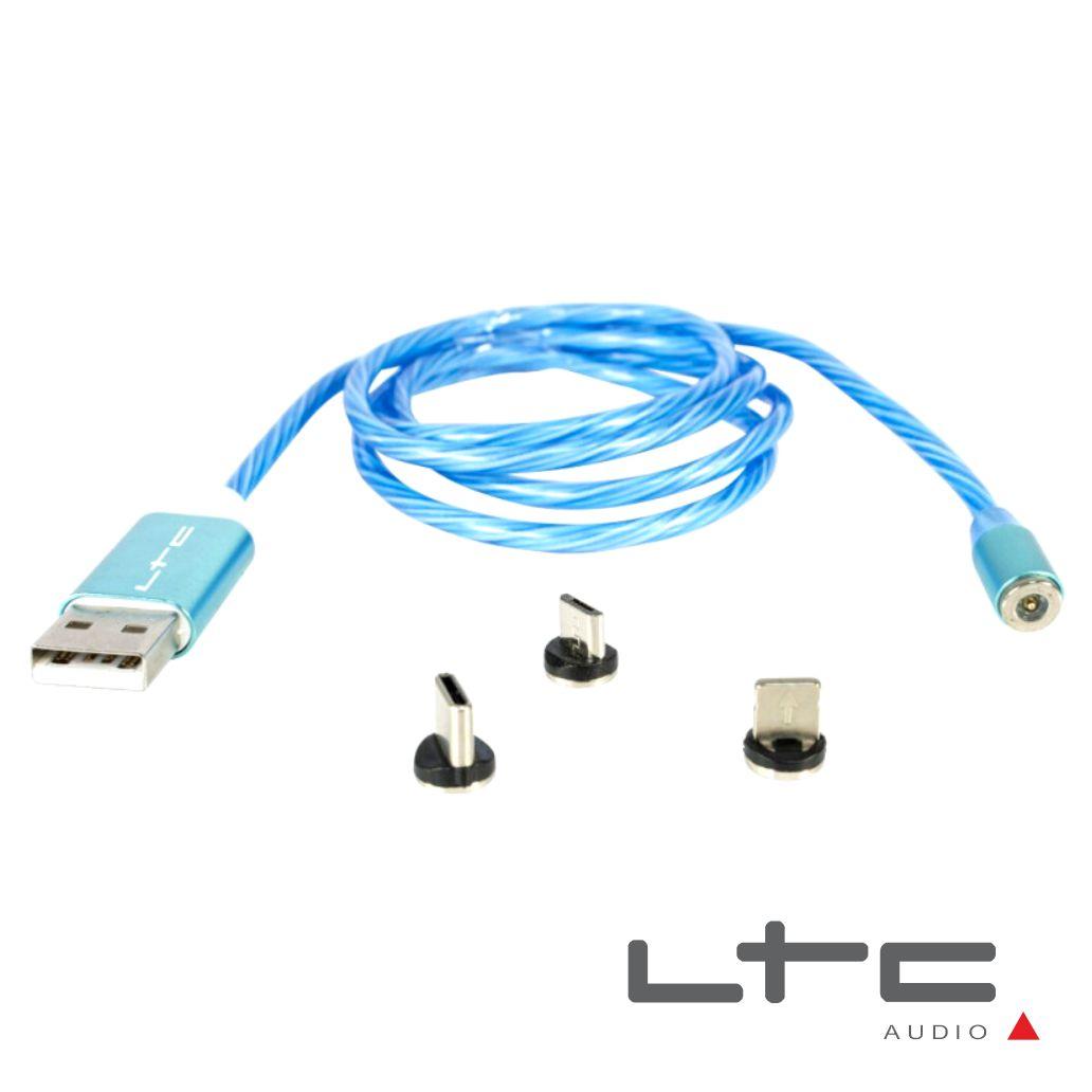 Cabo USB-A P/ MicroUSB/USB-C/Lightning 1m C/ Luz Azul