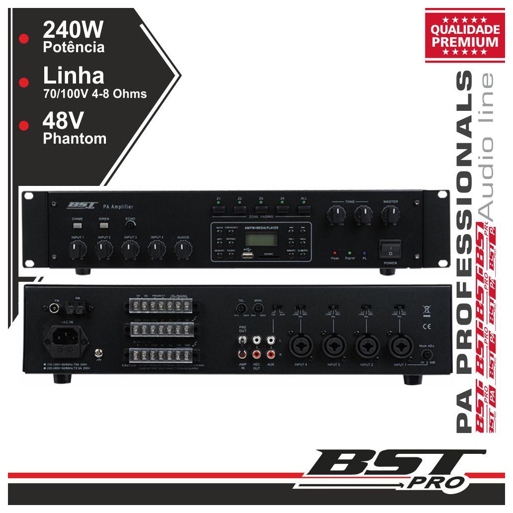 Amplificador Pa Phantom 24v 240w 4 Zonas Usb/Sd/Am/Fm Bstpro