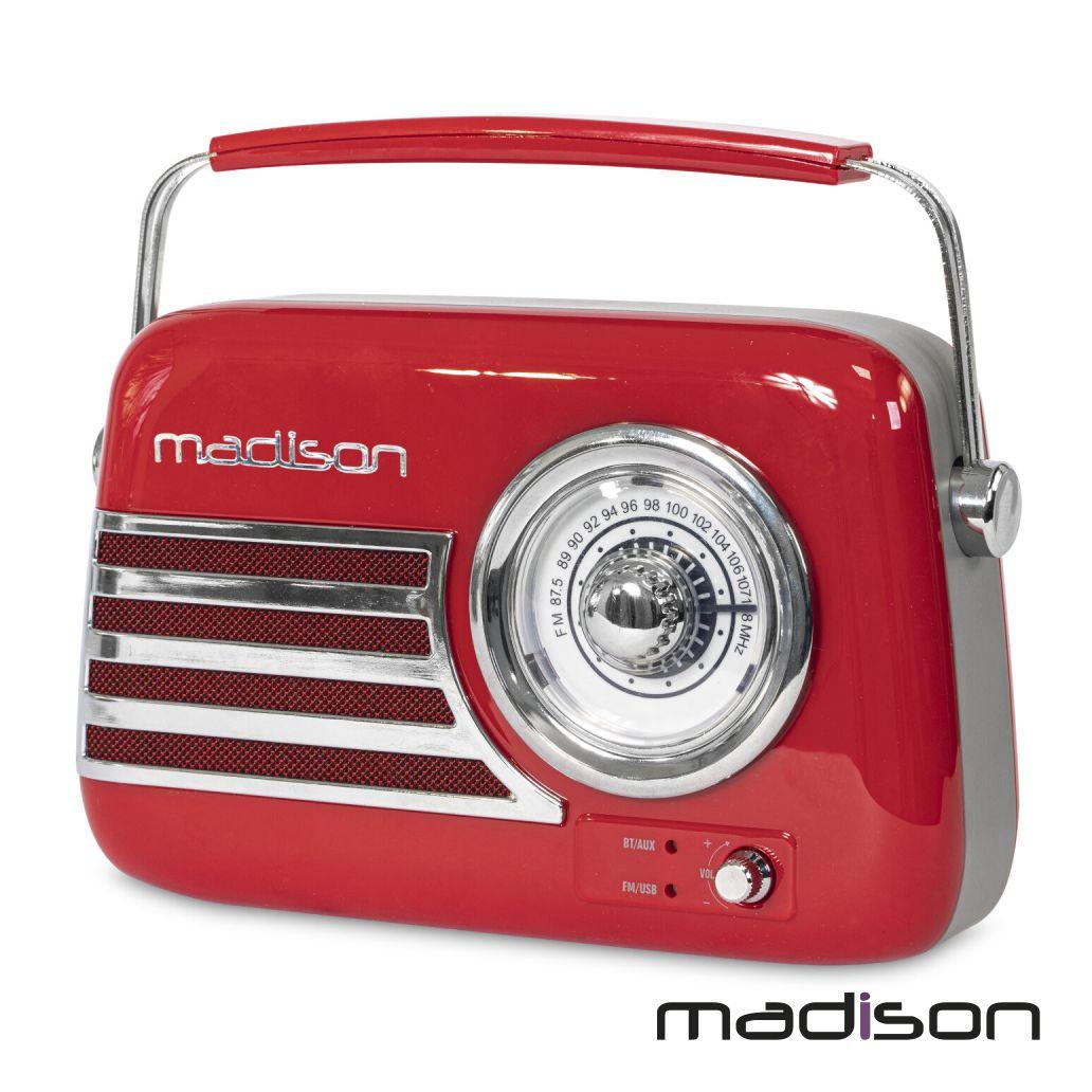 Rádio FM/AUX/BT/USB Extra Bass Vintage 30W Vermelho MADISON