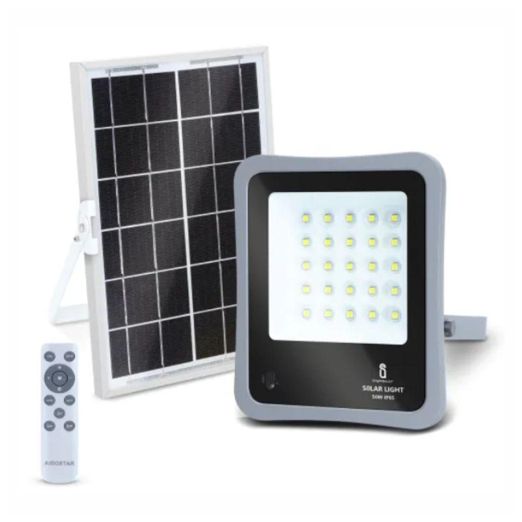 Kit Foco LED C/ Painel Solar 50W 6500K 500lm Cinzento
