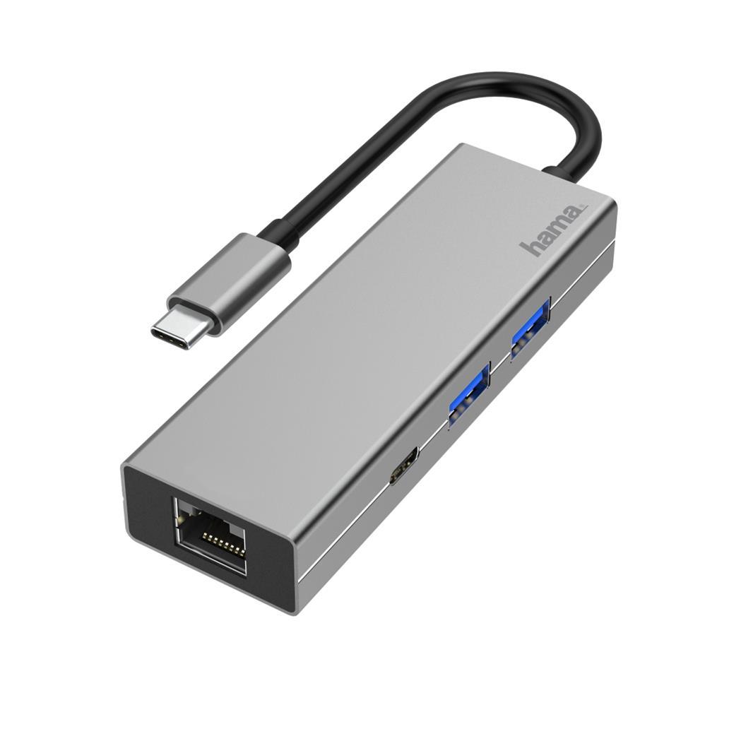 Hub HAMA USB-C Multiportas, 4 Ports, 2 x USB-A, USB-C, LAN/E