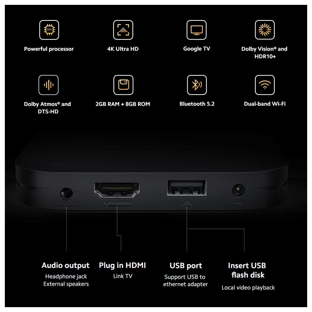 Xiaomi TV Box S (2nd Gen), 4K Ultra HD Streaming Media Player, 2GB RAM 8GB  ROM Smart TV Box, Soporta Google TV, Dolby Vision, HDR10+, Dolby Atmos,  DTS-HD, Wireless Projection, Dualband-WLAN, Negro 