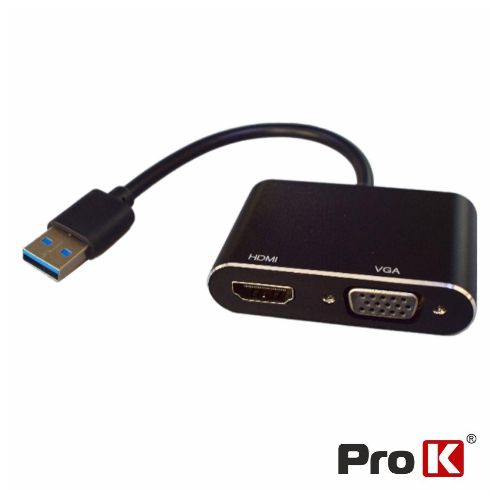 Cabo Adaptador USB-A 3.0 P/ HDMI E VGA PROK