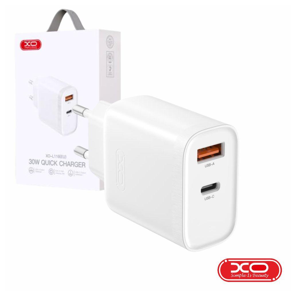 Alimentador 1x USB-A / 1x USB-C 30W 3A Branco XO