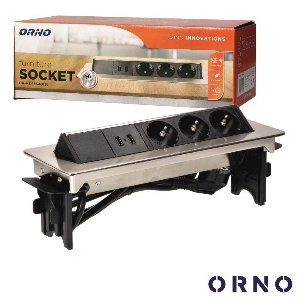 Tomada Elétrica Encastrar 3x Schuko 2x USB Cinzenta ORNO