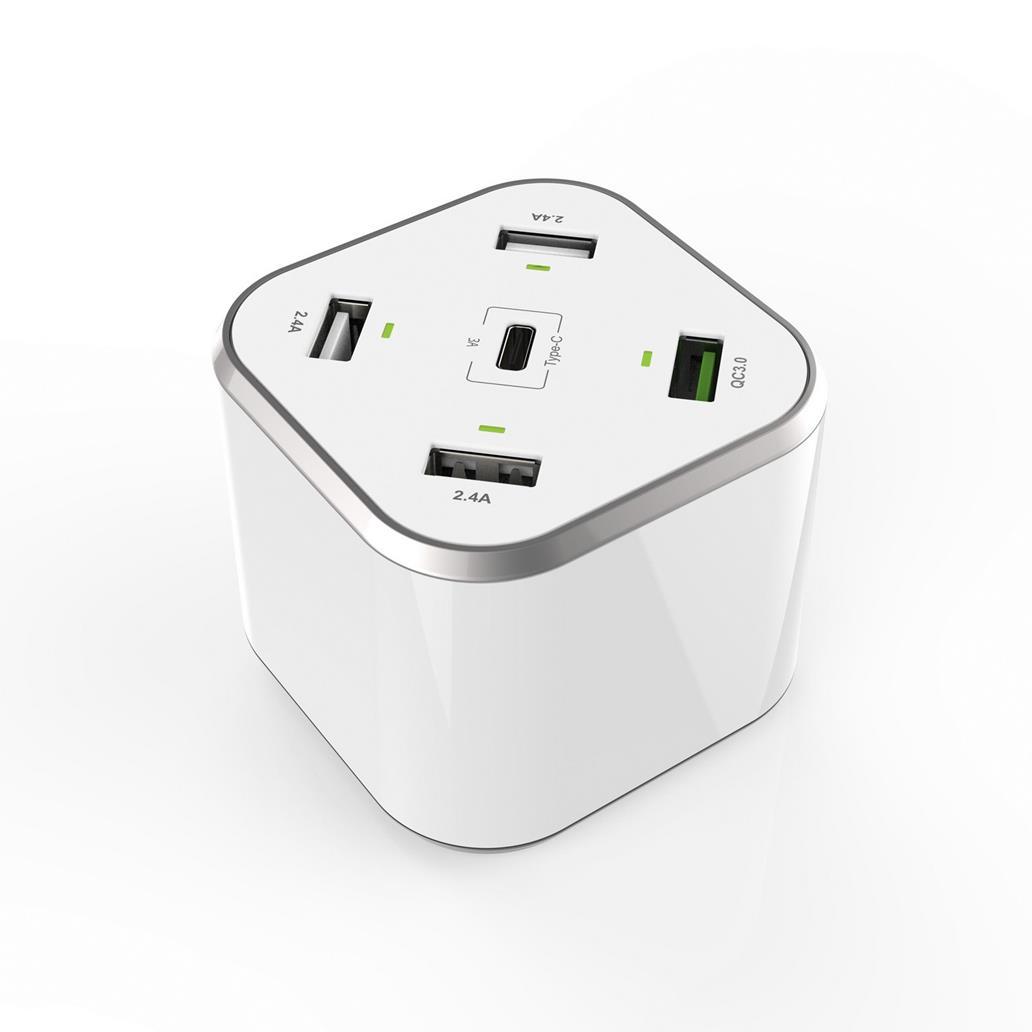 Carregador 48w 5 portas 3xusb-a 1xusb-c 1xusb qc3.0 branco