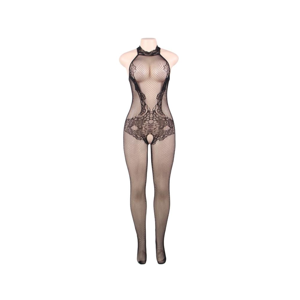 Queen lingerie - bodystocking com abertura e renda floral s/