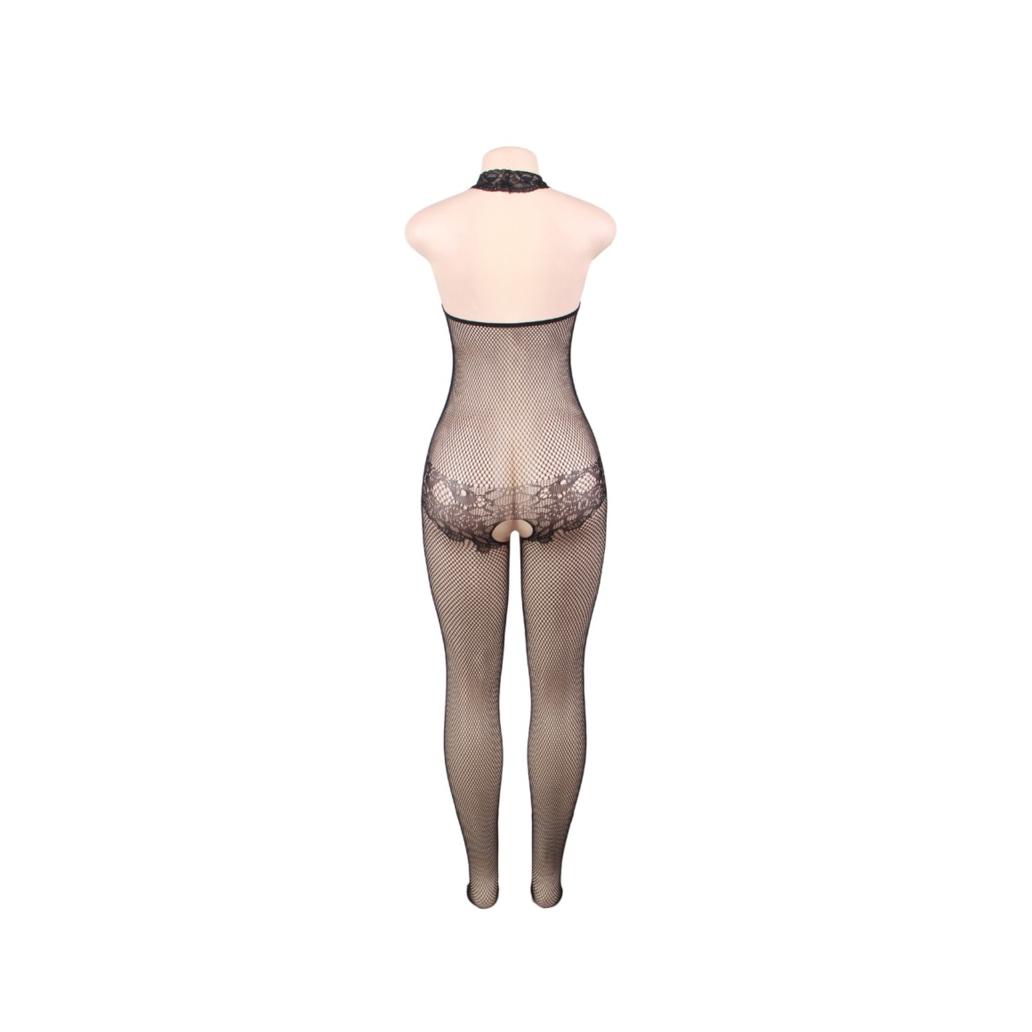 Queen lingerie - bodystocking com abertura e renda floral s/