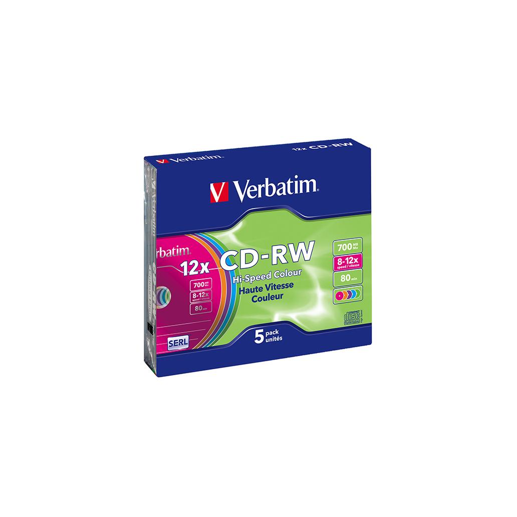 Verbatim cd-rw 8x-12x 700mb 80min caixa slim colour pack 5
