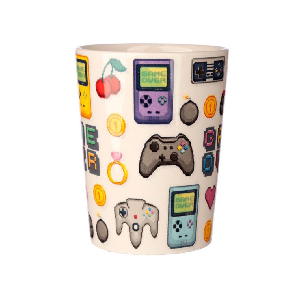 Caneca com pega em forma de pixel game over joystick