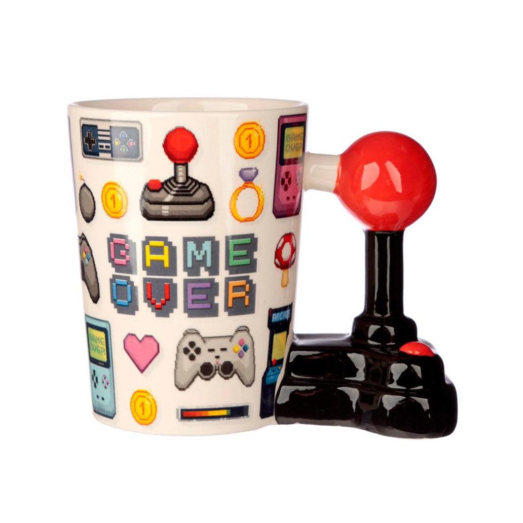 Caneca com pega em forma de pixel game over joystick