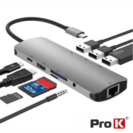 Hub USB-C P/ USB-C/ 3xUSB 3.0/ HDMI/Audio/ RJ45/Cartões SD