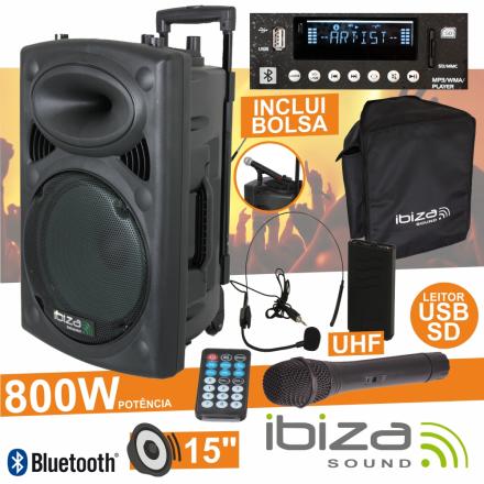 Coluna Amplificada 15" 800w Usb/Bt/Sd/Bat Ibiza