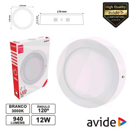 Painel Leds Redondo Superfície 12W 170mm 3000k 940lm AVIDE
