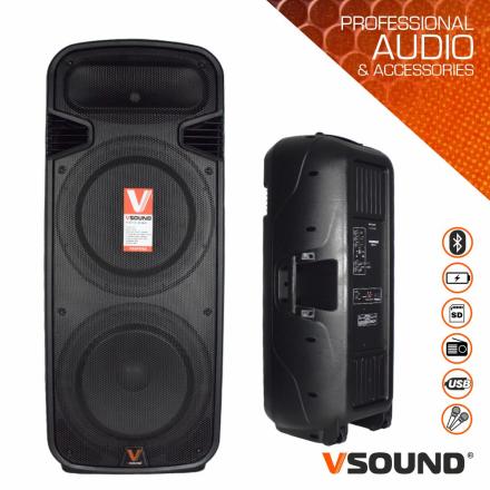 Coluna Amplificada 2x15" USB/FM/BT/SD/BAT MIC LEDS VSOUND