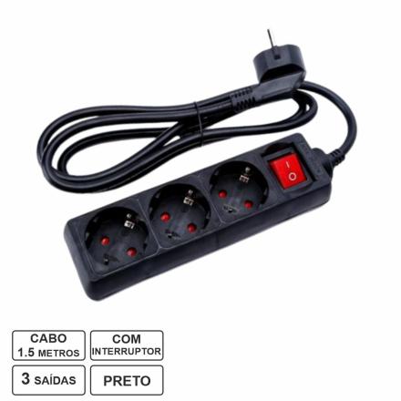 Extensão Eléctrica C/ 3 Saídas Interruptor 1.5m Preto