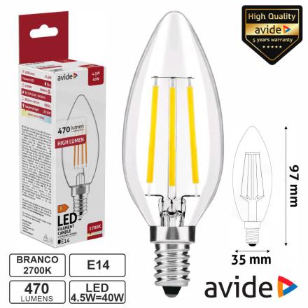 Lâmpada LED E14 Vela Filamento 4.5W 230V 2700K 470lm AVIDE