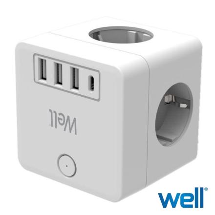 Ficha Elétrica Adaptadora 2xSchuko/2xEuro/3xUSB-A/1xUSB-C