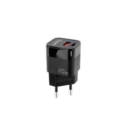 Carregador usb tooq parede usb-c/pd + usb-a/qc 20w pretotqwc