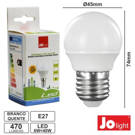 Lâmpada e27 6w=40w 230v leds globo branco quente 470lm
