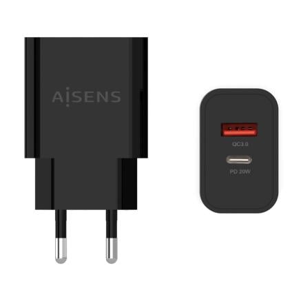Carregador 20w 1xusb-c pd3.0 1xusb-a qc3.0 preto aisens a110