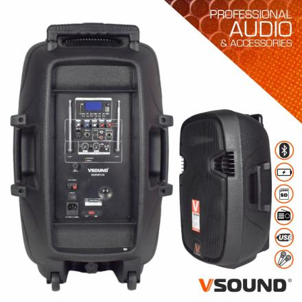 Coluna amplificada 15" 700w usb/bt/sd/bat/2xmic uhf vsound