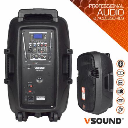 Coluna amplificada 12" 500w usb/bt/sd/bat/2xmic uhf vsound